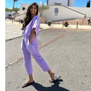 PARADISED Purple Striped 100% Cotton Cap Sleeve Front Button Closure Jumpsuit S